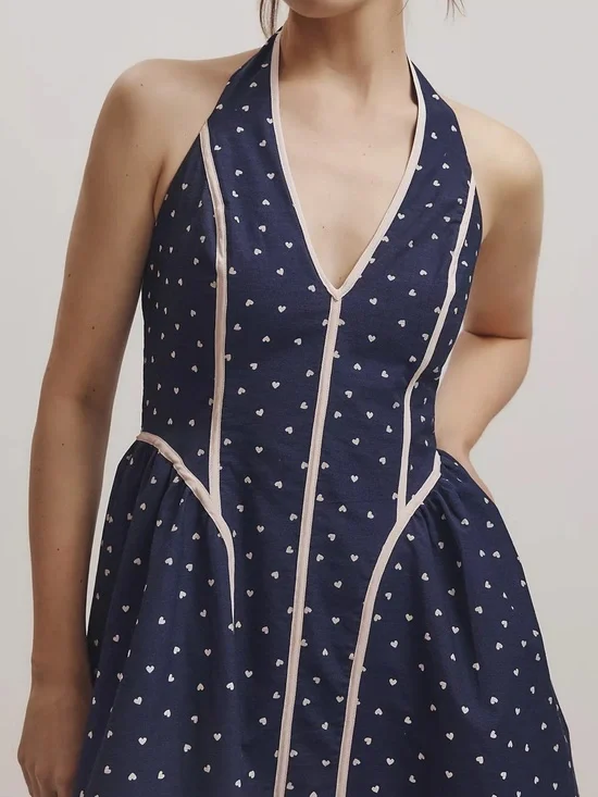 NWOT Anthropologie Maeve Navy Halter Midi Dress with hearts size large - Picture 2 of 9
